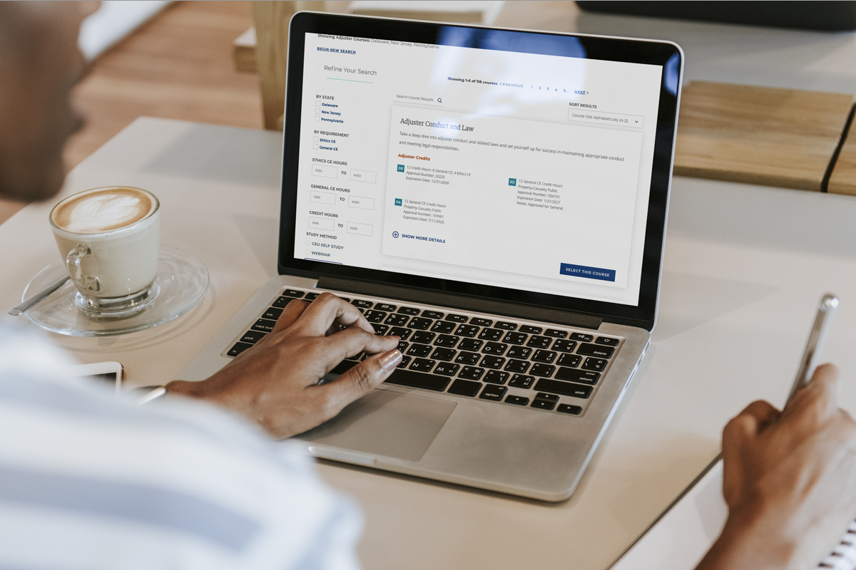 CEU Course Search results displayed on a laptop for a site visitor while they take notes