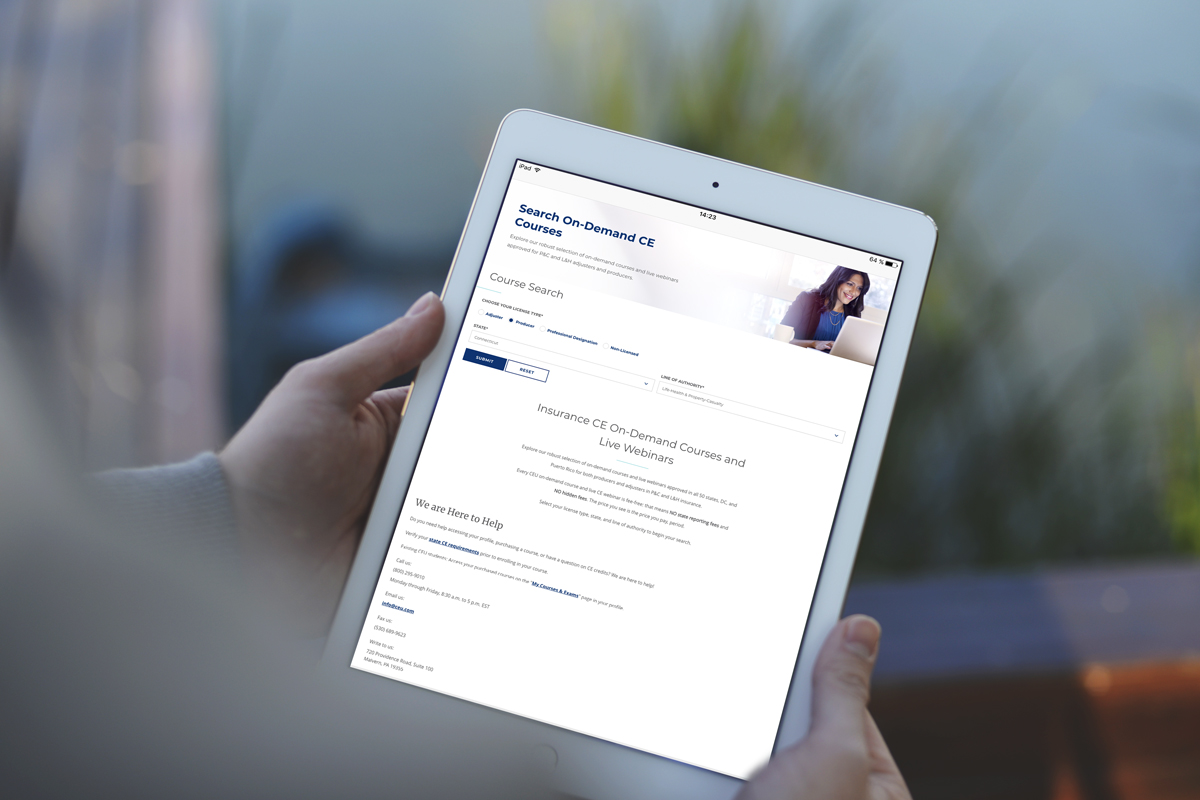 CEU Course Search displayed on a tablet for a site visitor