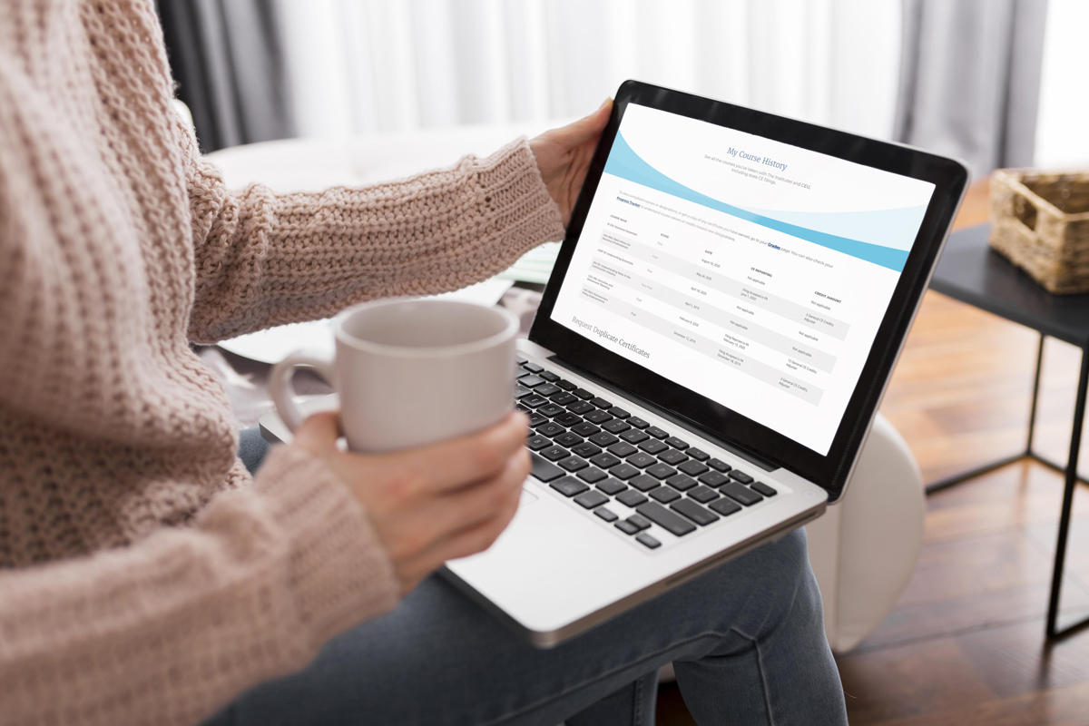 CEU Course Search results displayed on a laptop for a site visitor while they take notes